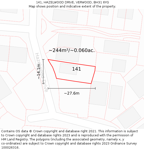 141, HAZELWOOD DRIVE, VERWOOD, BH31 6YG: Plot and title map