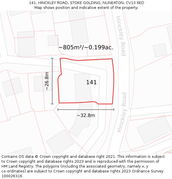 141, HINCKLEY ROAD, STOKE GOLDING, NUNEATON, CV13 6ED: Plot and title map