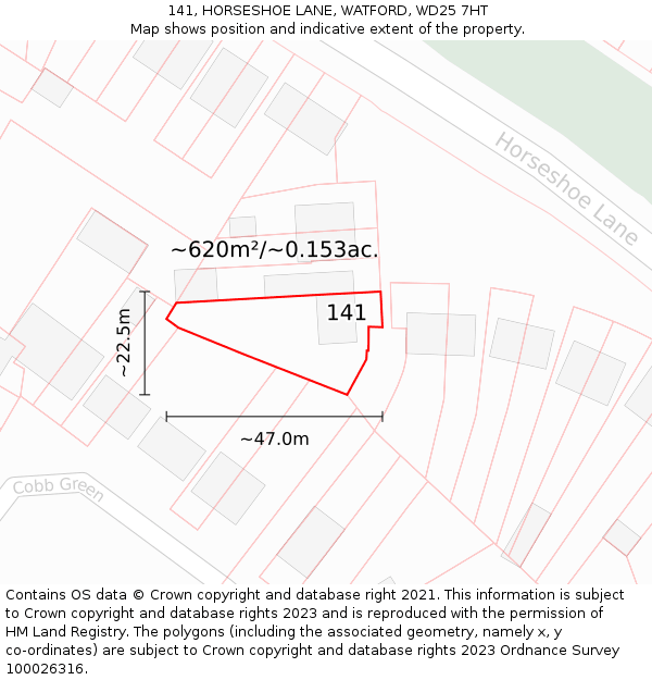 141, HORSESHOE LANE, WATFORD, WD25 7HT: Plot and title map