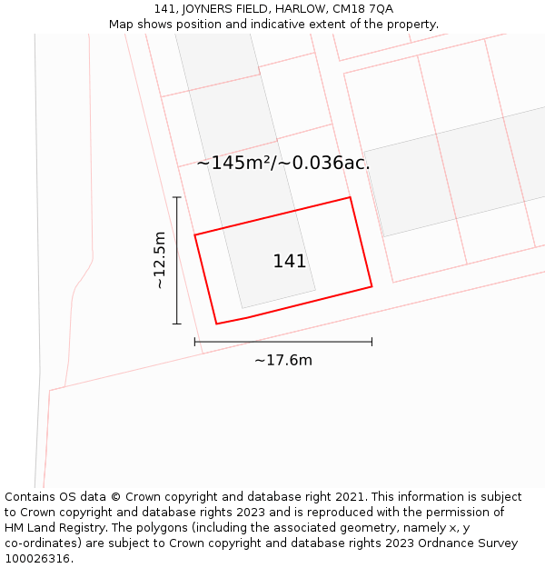 141, JOYNERS FIELD, HARLOW, CM18 7QA: Plot and title map