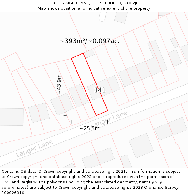 141, LANGER LANE, CHESTERFIELD, S40 2JP: Plot and title map