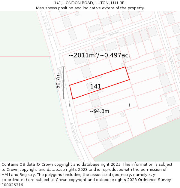 141, LONDON ROAD, LUTON, LU1 3RL: Plot and title map