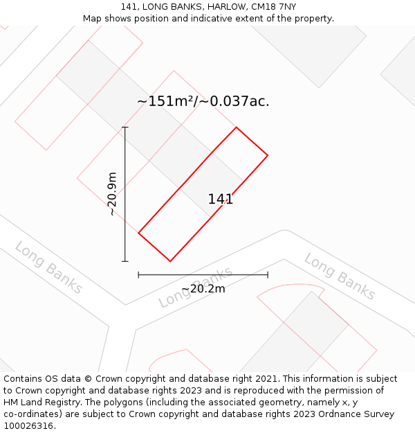 141, LONG BANKS, HARLOW, CM18 7NY: Plot and title map