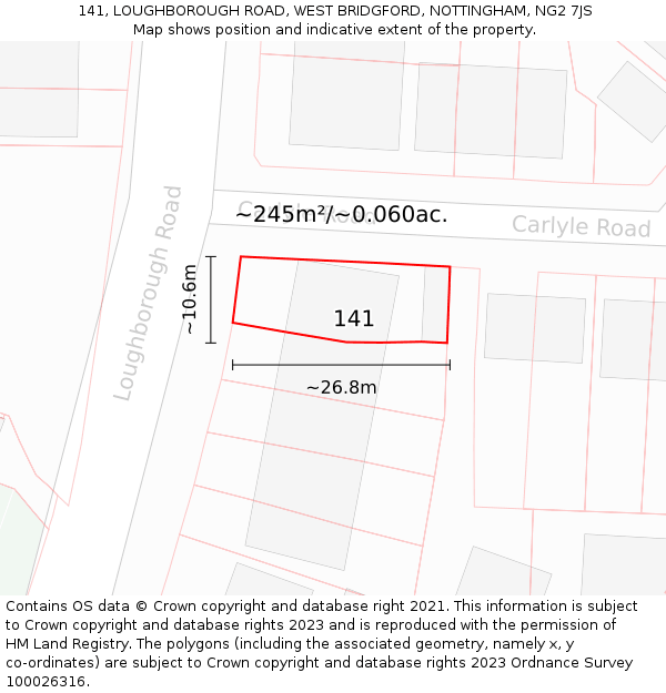 141, LOUGHBOROUGH ROAD, WEST BRIDGFORD, NOTTINGHAM, NG2 7JS: Plot and title map