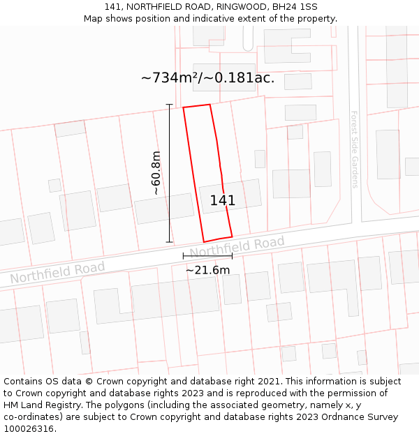 141, NORTHFIELD ROAD, RINGWOOD, BH24 1SS: Plot and title map