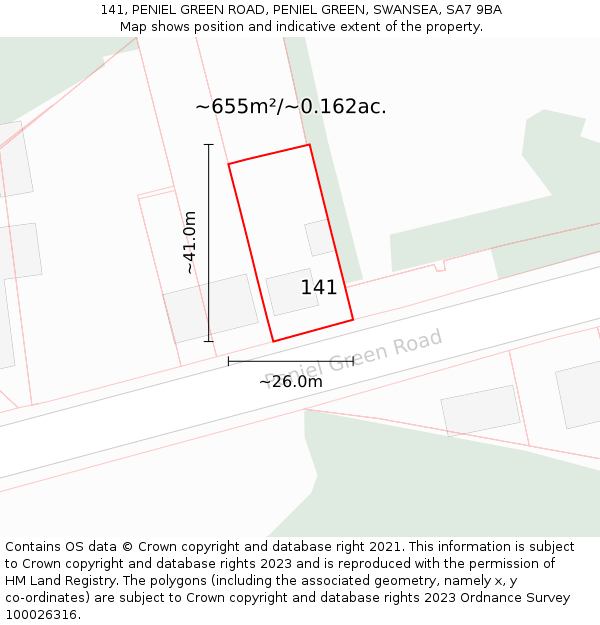 141, PENIEL GREEN ROAD, PENIEL GREEN, SWANSEA, SA7 9BA: Plot and title map
