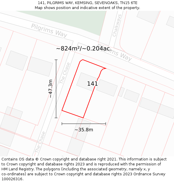 141, PILGRIMS WAY, KEMSING, SEVENOAKS, TN15 6TE: Plot and title map