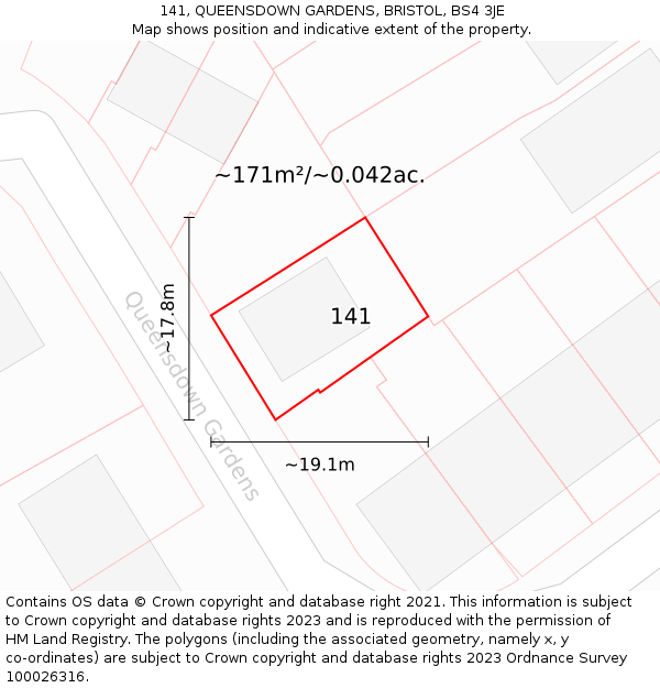 141, QUEENSDOWN GARDENS, BRISTOL, BS4 3JE: Plot and title map