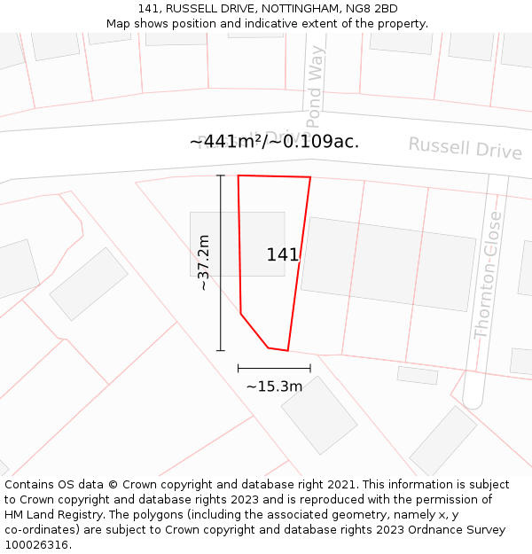 141, RUSSELL DRIVE, NOTTINGHAM, NG8 2BD: Plot and title map