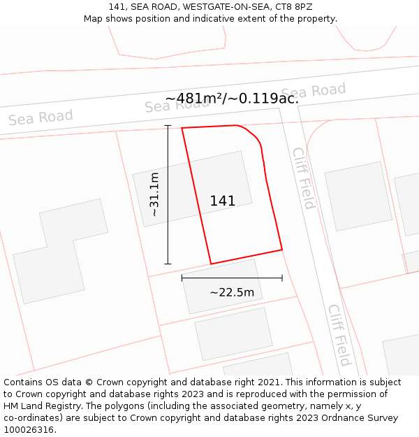 141, SEA ROAD, WESTGATE-ON-SEA, CT8 8PZ: Plot and title map