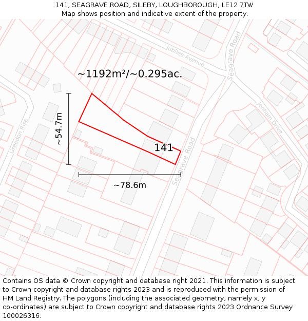 141, SEAGRAVE ROAD, SILEBY, LOUGHBOROUGH, LE12 7TW: Plot and title map