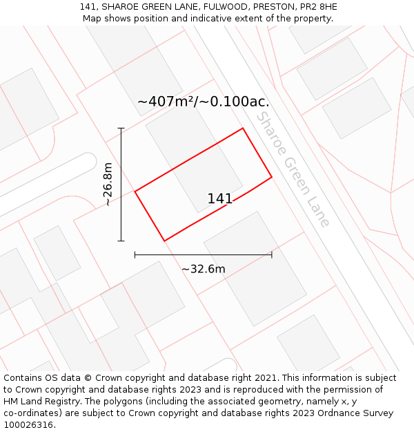 141, SHAROE GREEN LANE, FULWOOD, PRESTON, PR2 8HE: Plot and title map