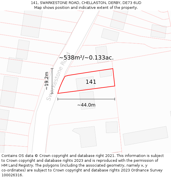 141, SWARKESTONE ROAD, CHELLASTON, DERBY, DE73 6UD: Plot and title map