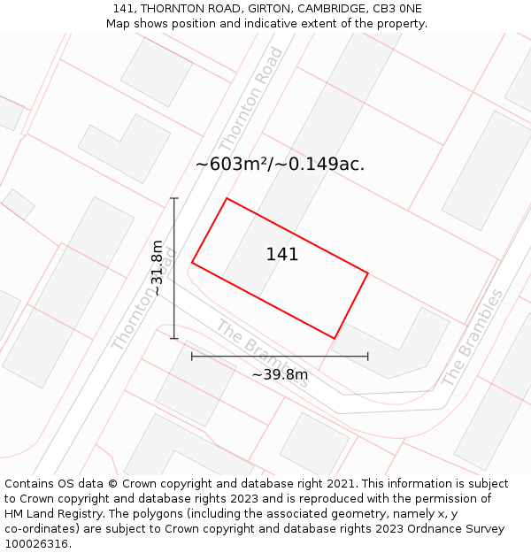 141, THORNTON ROAD, GIRTON, CAMBRIDGE, CB3 0NE: Plot and title map