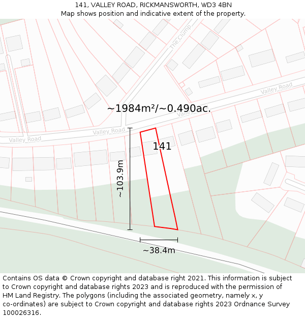 141, VALLEY ROAD, RICKMANSWORTH, WD3 4BN: Plot and title map