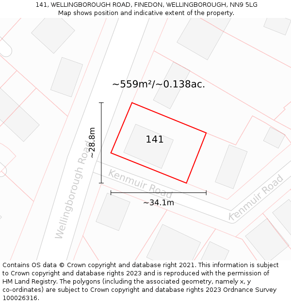 141, WELLINGBOROUGH ROAD, FINEDON, WELLINGBOROUGH, NN9 5LG: Plot and title map