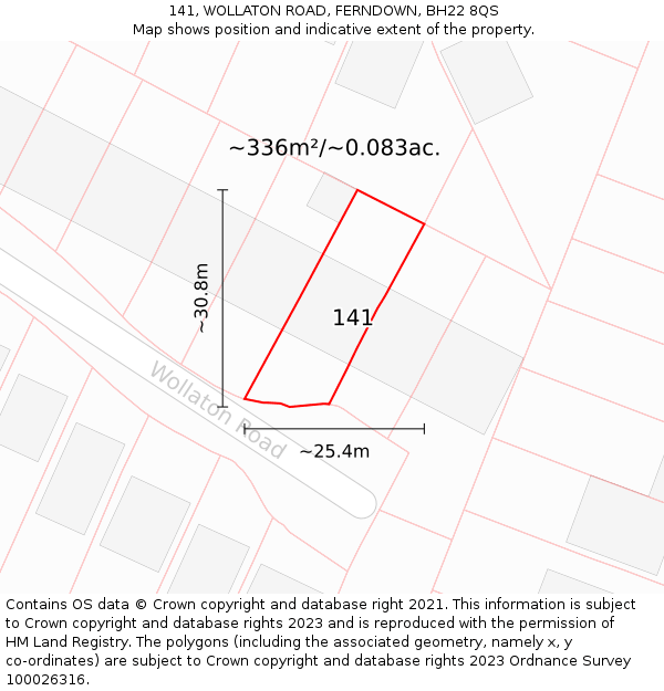 141, WOLLATON ROAD, FERNDOWN, BH22 8QS: Plot and title map