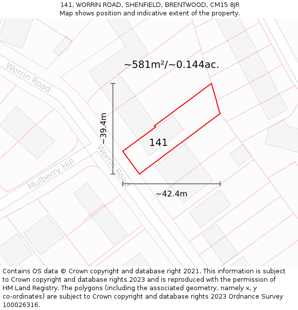 141, WORRIN ROAD, SHENFIELD, BRENTWOOD, CM15 8JR: Plot and title map