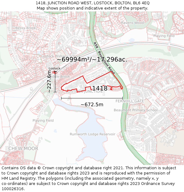 1418, JUNCTION ROAD WEST, LOSTOCK, BOLTON, BL6 4EQ: Plot and title map