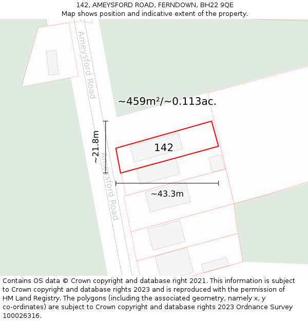 142, AMEYSFORD ROAD, FERNDOWN, BH22 9QE: Plot and title map