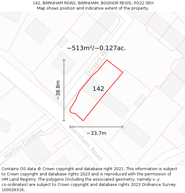 142, BARNHAM ROAD, BARNHAM, BOGNOR REGIS, PO22 0EH: Plot and title map