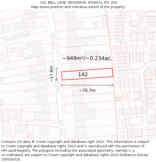 142, BELL LANE, KESGRAVE, IPSWICH, IP5 1NA: Plot and title map