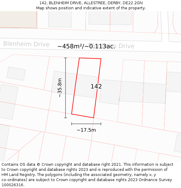 142, BLENHEIM DRIVE, ALLESTREE, DERBY, DE22 2GN: Plot and title map