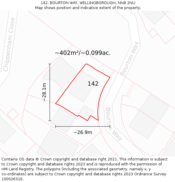 142, BOURTON WAY, WELLINGBOROUGH, NN8 2NU: Plot and title map