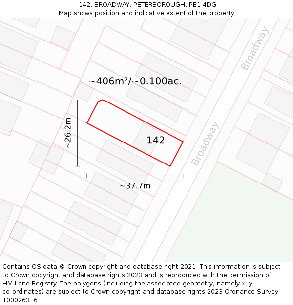 142, BROADWAY, PETERBOROUGH, PE1 4DG: Plot and title map