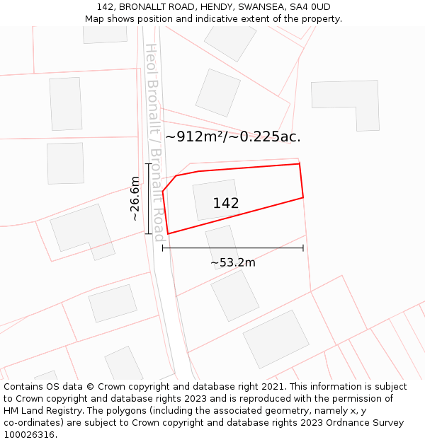 142, BRONALLT ROAD, HENDY, SWANSEA, SA4 0UD: Plot and title map