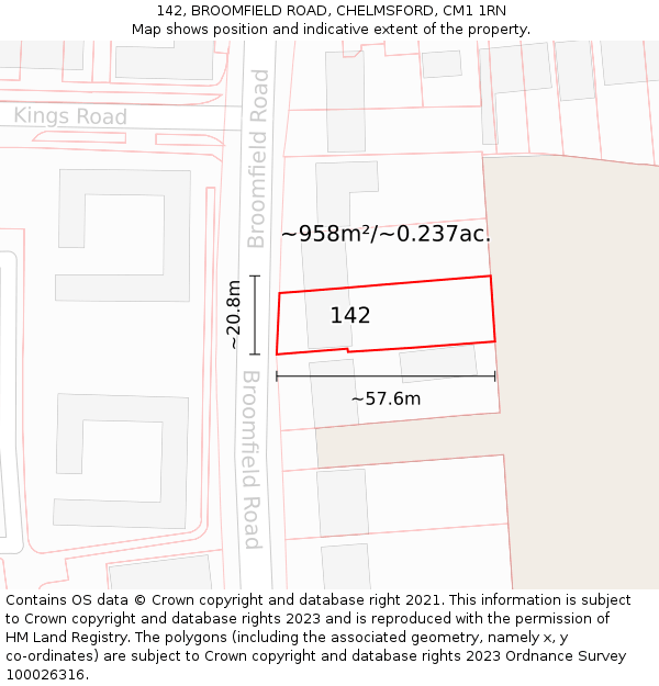 142, BROOMFIELD ROAD, CHELMSFORD, CM1 1RN: Plot and title map