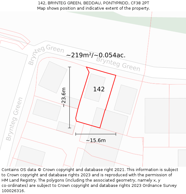 142, BRYNTEG GREEN, BEDDAU, PONTYPRIDD, CF38 2PT: Plot and title map