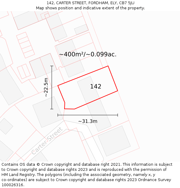 142, CARTER STREET, FORDHAM, ELY, CB7 5JU: Plot and title map