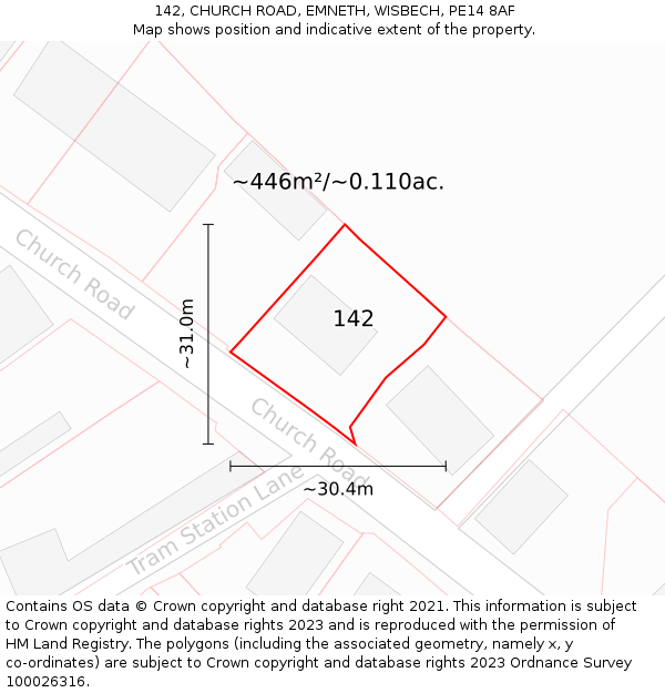 142, CHURCH ROAD, EMNETH, WISBECH, PE14 8AF: Plot and title map