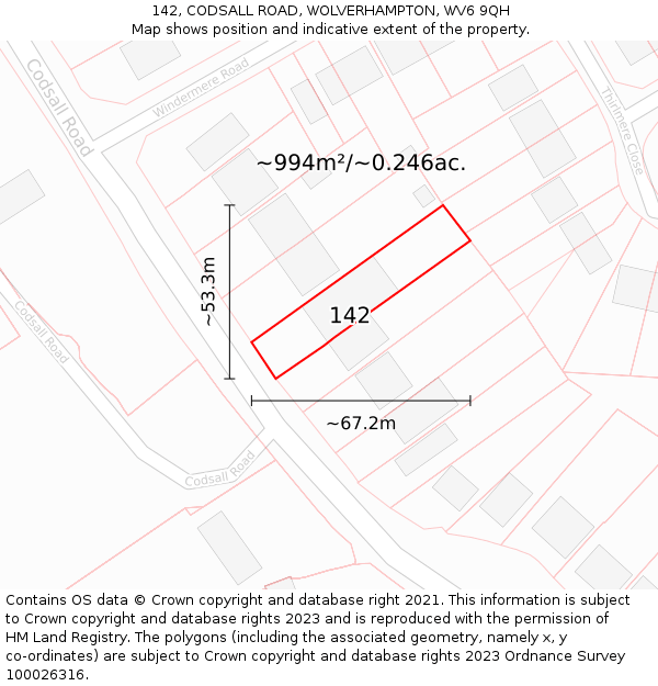 142, CODSALL ROAD, WOLVERHAMPTON, WV6 9QH: Plot and title map