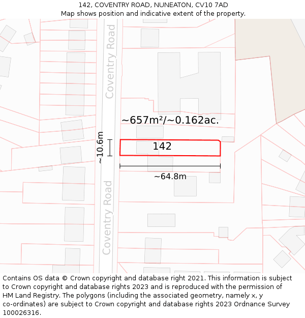 142, COVENTRY ROAD, NUNEATON, CV10 7AD: Plot and title map
