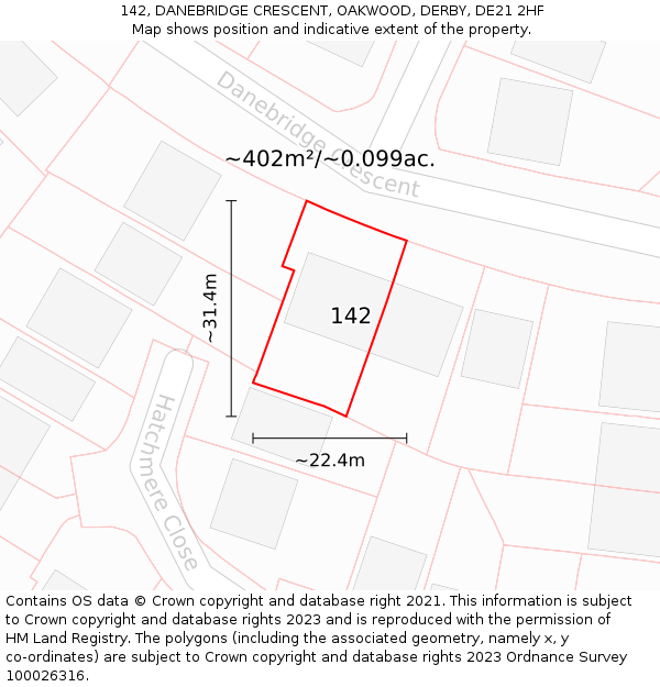 142, DANEBRIDGE CRESCENT, OAKWOOD, DERBY, DE21 2HF: Plot and title map