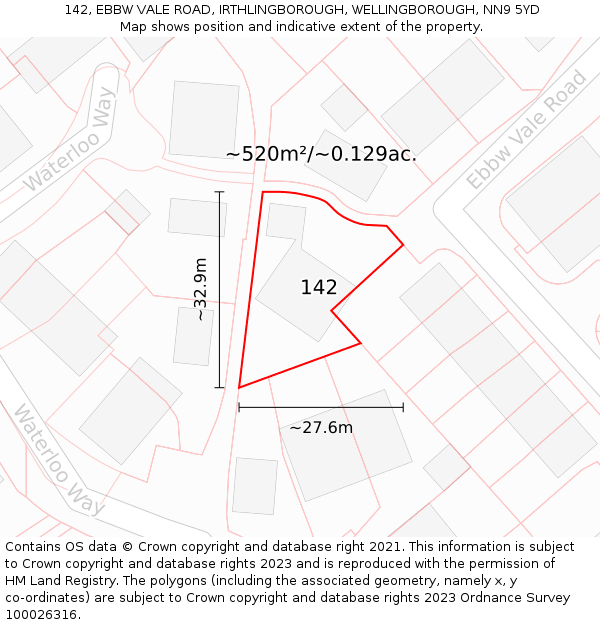 142, EBBW VALE ROAD, IRTHLINGBOROUGH, WELLINGBOROUGH, NN9 5YD: Plot and title map