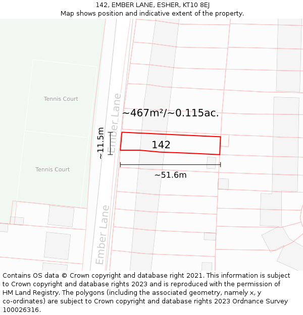 142, EMBER LANE, ESHER, KT10 8EJ: Plot and title map