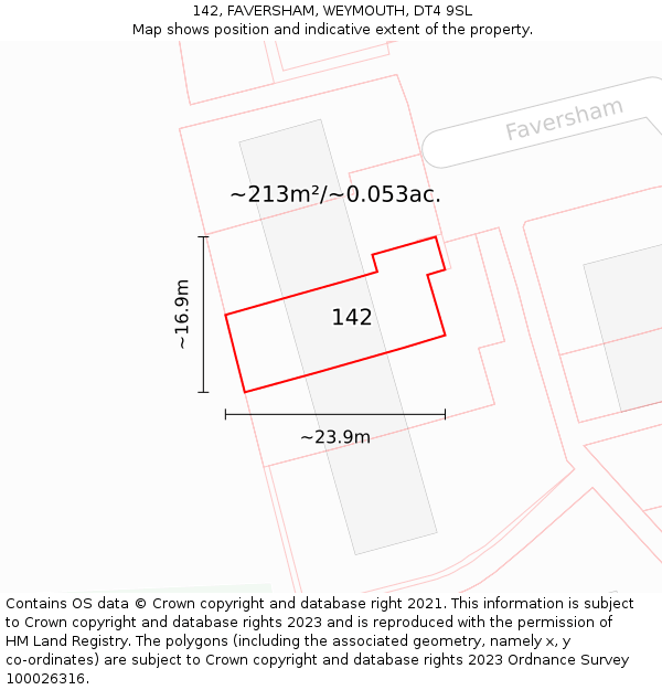 142, FAVERSHAM, WEYMOUTH, DT4 9SL: Plot and title map