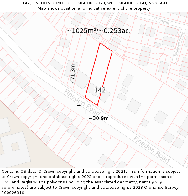 142, FINEDON ROAD, IRTHLINGBOROUGH, WELLINGBOROUGH, NN9 5UB: Plot and title map