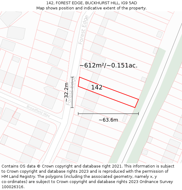 142, FOREST EDGE, BUCKHURST HILL, IG9 5AD: Plot and title map