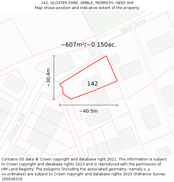 142, GLOSTER PARK, AMBLE, MORPETH, NE65 0HF: Plot and title map