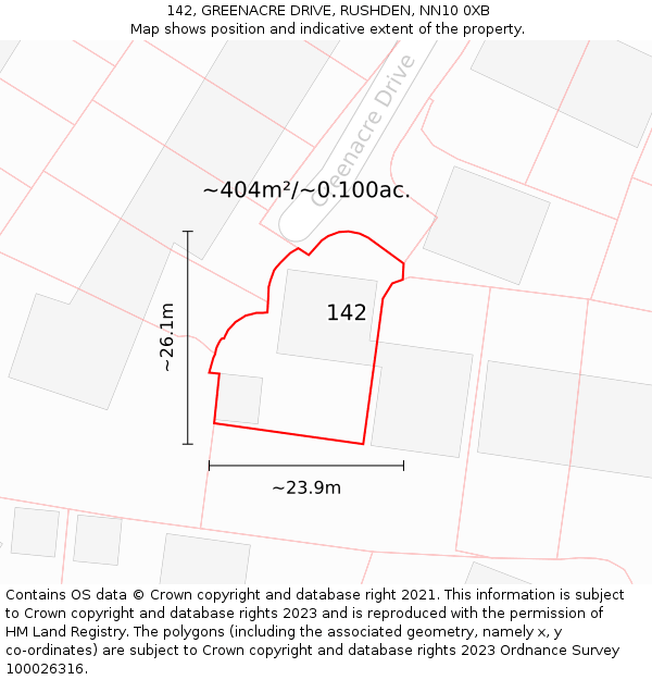 142, GREENACRE DRIVE, RUSHDEN, NN10 0XB: Plot and title map