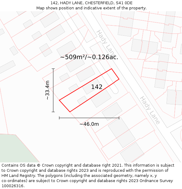 142, HADY LANE, CHESTERFIELD, S41 0DE: Plot and title map