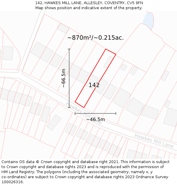 142, HAWKES MILL LANE, ALLESLEY, COVENTRY, CV5 9FN: Plot and title map