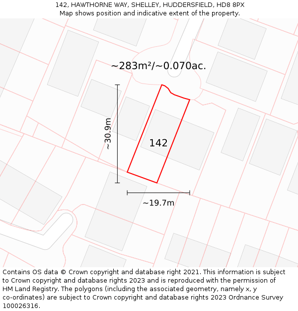 142, HAWTHORNE WAY, SHELLEY, HUDDERSFIELD, HD8 8PX: Plot and title map