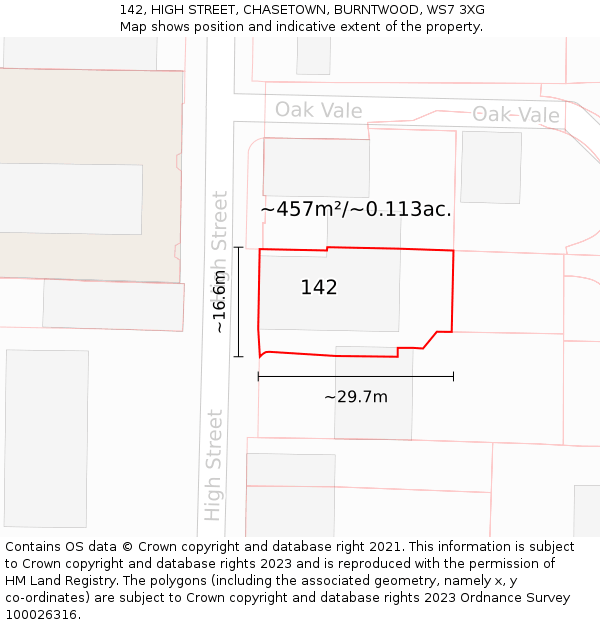 142, HIGH STREET, CHASETOWN, BURNTWOOD, WS7 3XG: Plot and title map