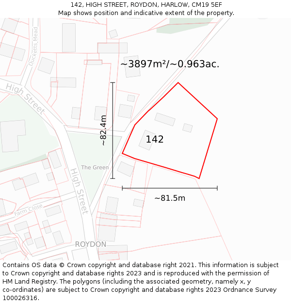 142, HIGH STREET, ROYDON, HARLOW, CM19 5EF: Plot and title map