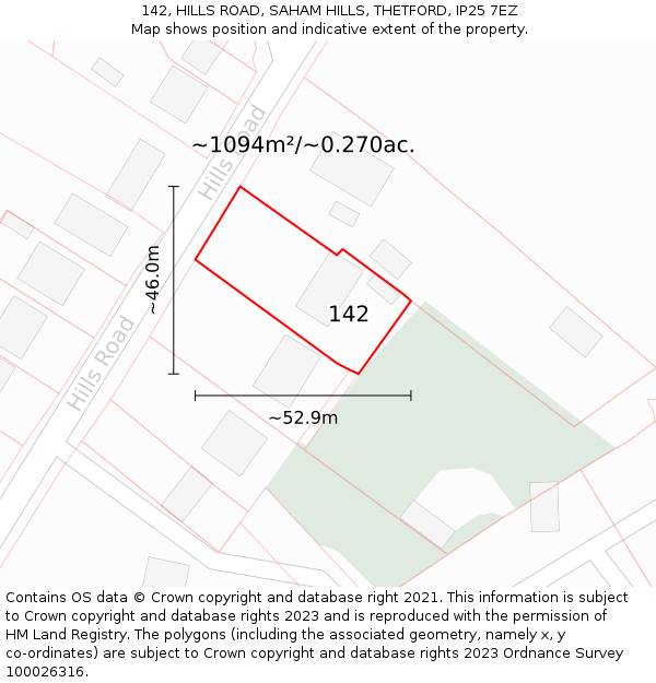 142, HILLS ROAD, SAHAM HILLS, THETFORD, IP25 7EZ: Plot and title map